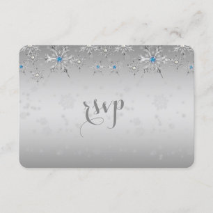 Glam Silver Snowflakes Crystal Pearl Wedding RSVP Card
