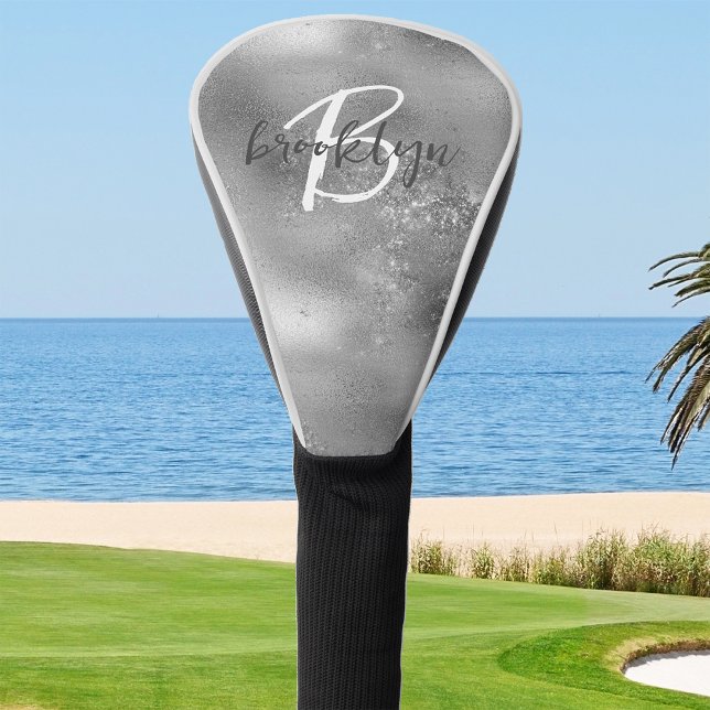 Glam Silver Trendy Script Monogram Golf Head Cover (Creator Uploaded)