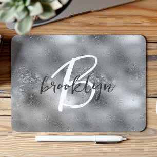 Glam Silver Trendy Script Monogram Mouse Pad