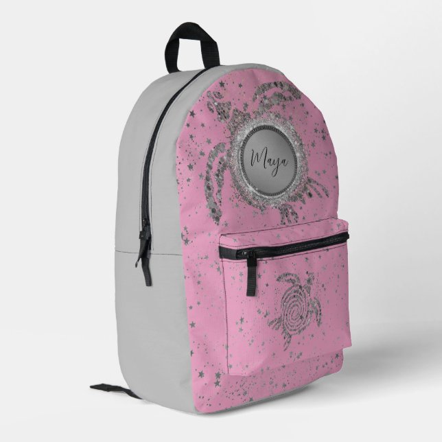 Glam Silver Turtle Stars on Pink Personalised Printed Backpack (Back Corner Left)