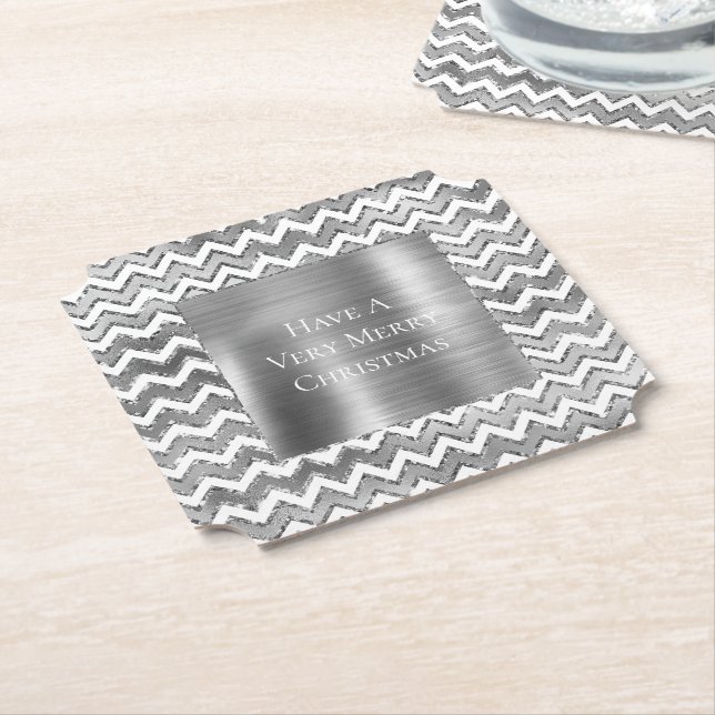 Glam Silver White Zigzag Stripes Paper Coaster (Angled)