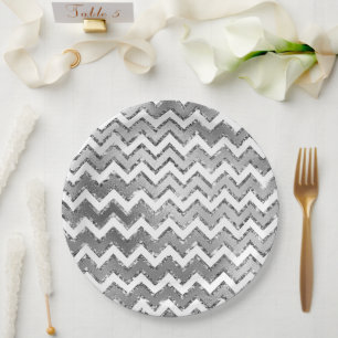 Glam Silver White Zigzag Stripes Paper Plate