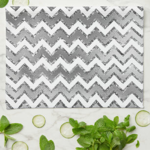 Glam Silver White Zigzag Stripes Tea Towel