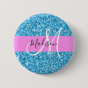 Glam Sky Blue Pink Glitter Sparkles Name Monogram 6 Cm Round Badge