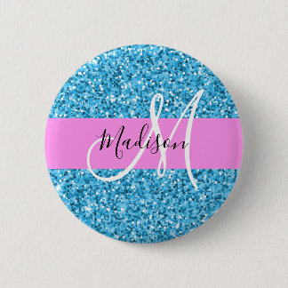 Glam Sky Blue Pink Glitter Sparkles Name Monogram 6 Cm Round Badge