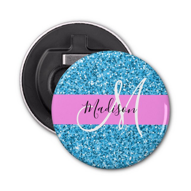 Glam Sky Blue Pink Glitter Sparkles Name Monogram Bottle Opener (Front)