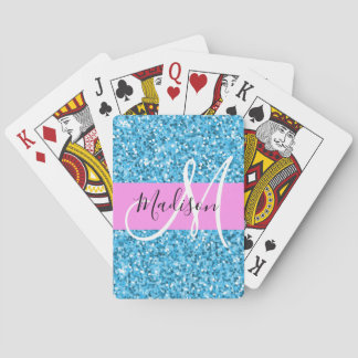 Glam Sky Blue Pink Glitter Sparkles Name Monogram Playing Cards