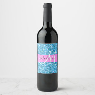 Glam Sky Blue Pink Glitter Sparkles Name Monogram Wine Label