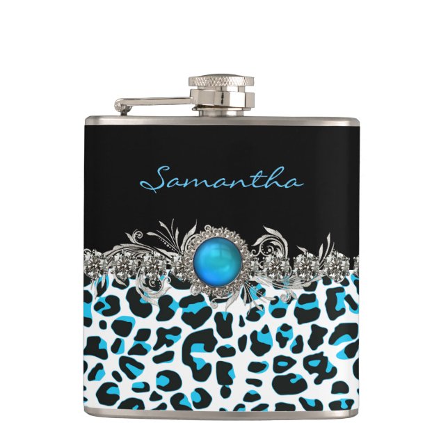 Glam Snow Leopard Print Custom Flask (Front)
