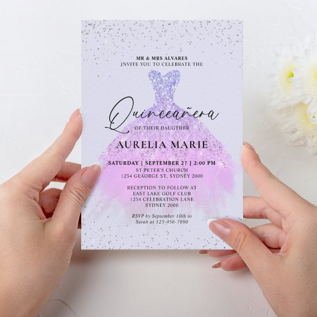 Glam Sparkle Gold Lilac Princess Dress Quinceanera Invitation (Creator Uploaded)
