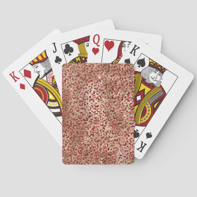 Glam Sparkle Red Glitter Gold Leopard Print Playing Cards (Back)