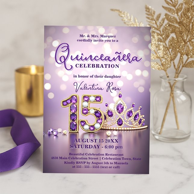 Glam Sparkling Blush Pink Purple Tiara Quinceañera Invitation (Creator Uploaded)