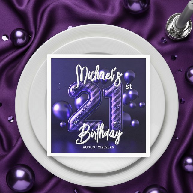 Glam Sparkling Purple Metallic 21st Birthday  Napkin (Creator Uploaded)