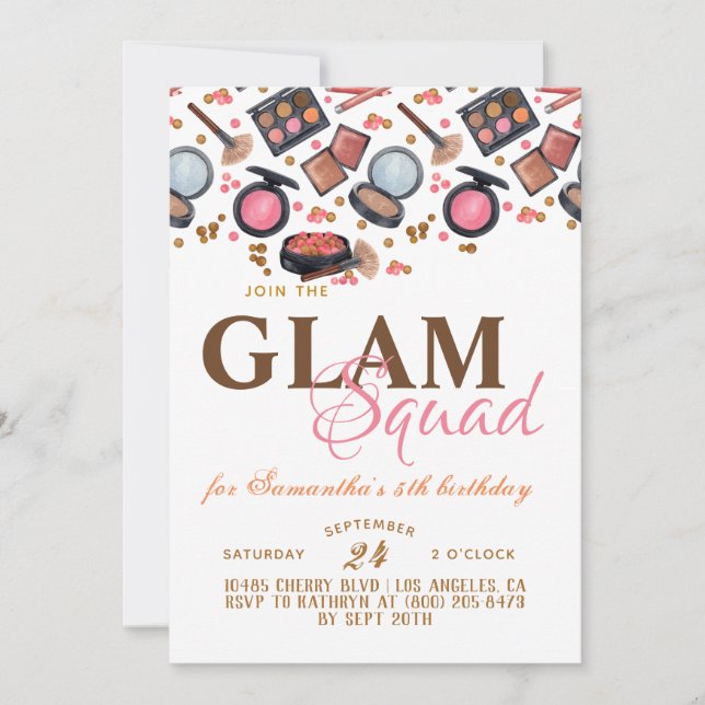 Glam Squad Makeup Birthday Invitation (Front)