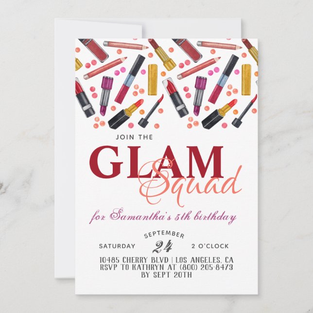 Glam Squad Makeup Birthday Invitation (Front)