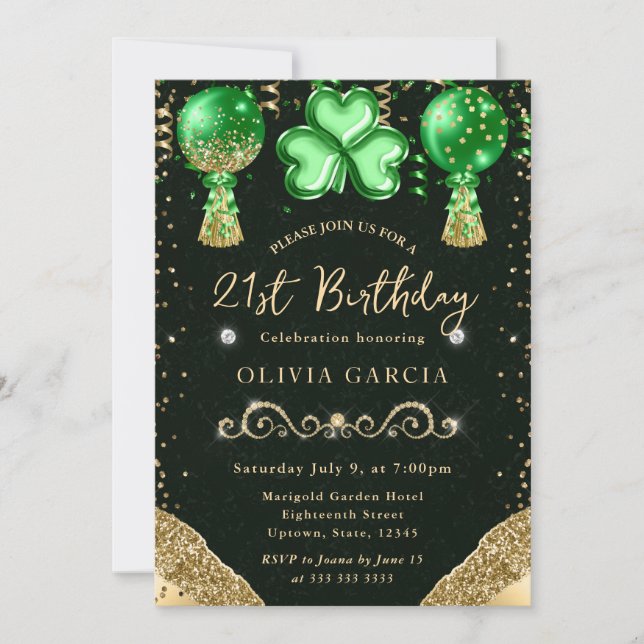 Glam St Patrick's Balloons 21st Birthday Invitation (Front)
