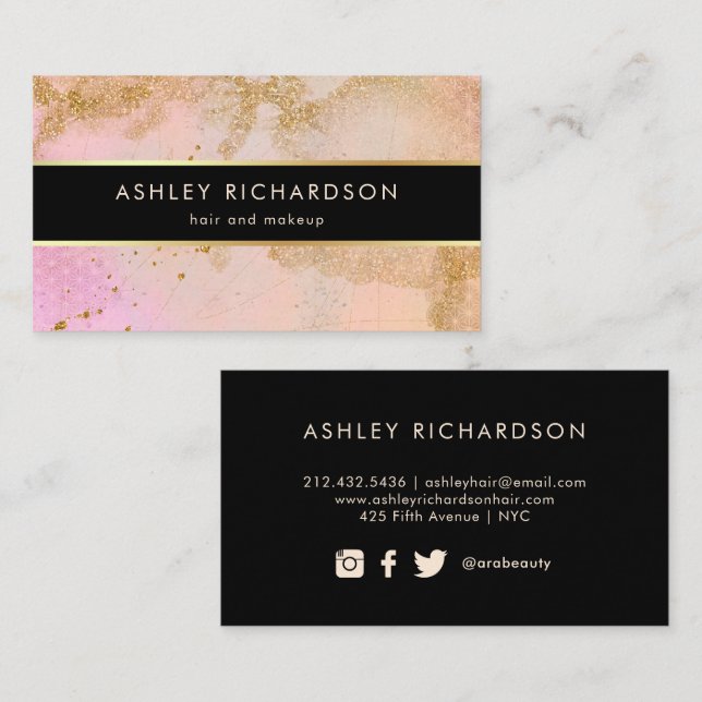 Glam Stylish Blush Pink, Black, and Faux Gold Business Card (Front/Back)