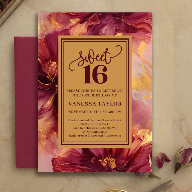 Glam Sweet 16 Burgundy Gold Watercolor Invitation (Glam Sweet 16 Burgundy Gold Watercolor Invitation)