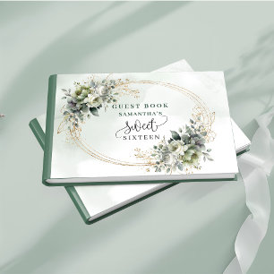 Glam Sweet 16 green and gold watercolor foliage  Guest Book