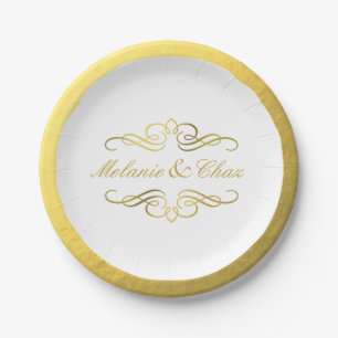 Glam Swirly Flourish Gold Foil Outline Wedding Paper Plate