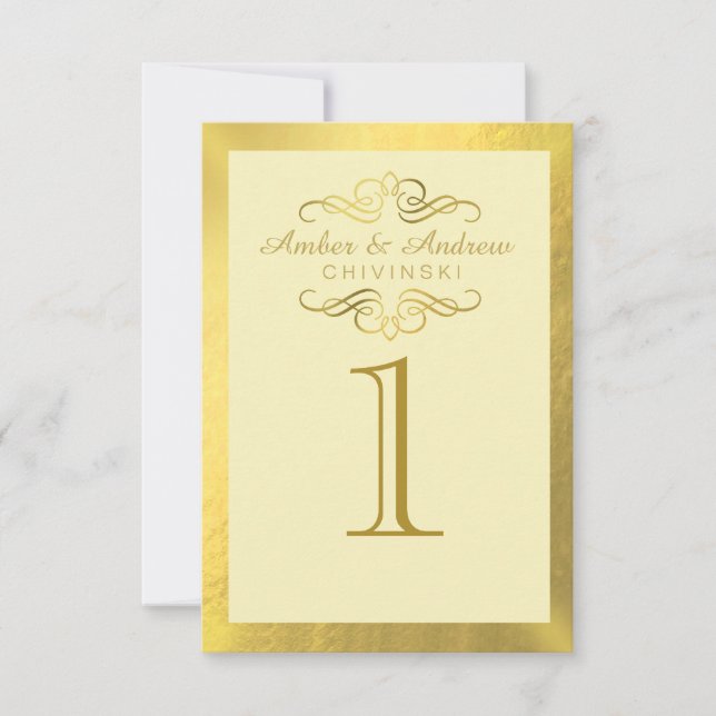 Glam Swirly Flourish Gold Foil Table Cards | ivory (Front)