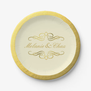 Glam Swirly Flourish Gold Foil Wedding ivory Paper Plate