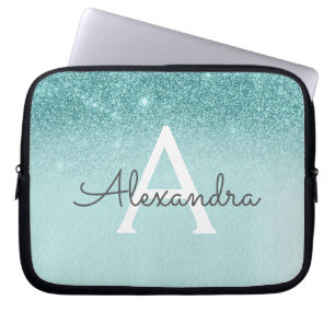 Glam Teal Aqua Blue Glitter and Sparkle Monogram Laptop Sleeve