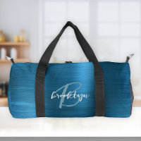 Glam Teal Blue Brushed Metal White Monogram 