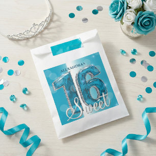 Glam Teal Blue Diamonds Sweet 16 Birthday Party Favour Bags