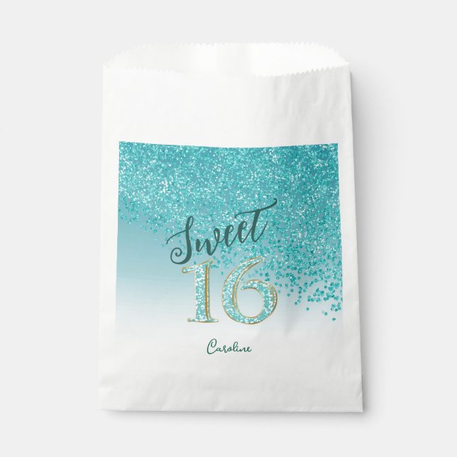 Glam Teal Blue Glitter Sweet 16 Birthday Favour Bags (Front)