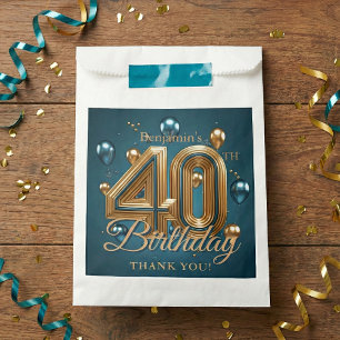 Glam Teal Blue Gold Balloons 40th Birthday Party Favour Bags