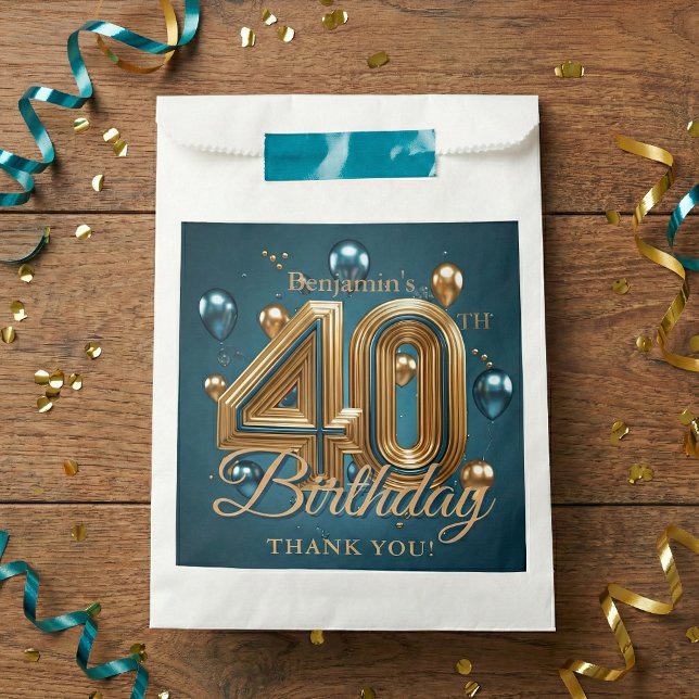 Glam Teal Blue Gold Balloons 40th Birthday Party Favour Bags (Creator Uploaded)