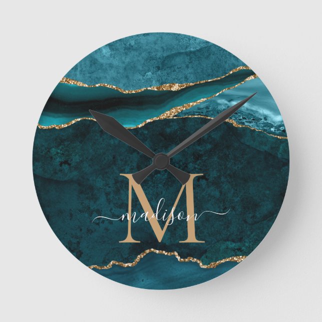 Glam Teal Green Gold Agate Geode Glitter Monogram Round Clock (Front)