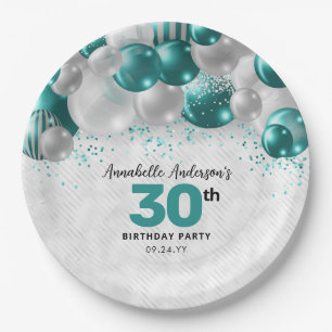 Glam Teal Green Silver Balloon Glitter Birthday Paper Plate