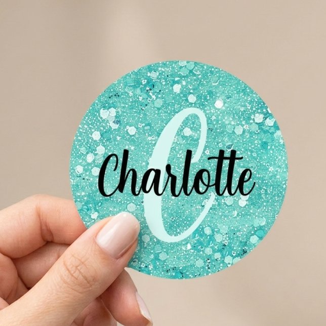 Glam Teal Mint Faux Glitter Sparkle Monogram Name Classic Round Sticker (Creator Uploaded)