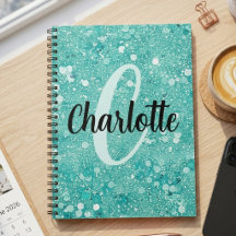 Glam Teal Mint Faux Glitter Sparkle Monogram Name