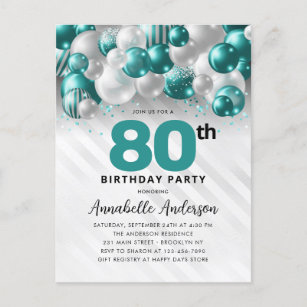 Glam Teal Silver Balloon Glitter 80th Birthday  Postcard