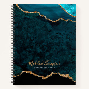 Glam Teal Velvet Agate Geode Gold Script Notebook