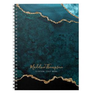 Glam Teal Velvet Agate Geode Gold Script Notebook