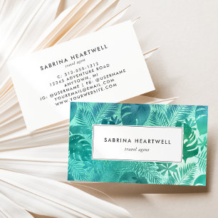 Glam Tropical Monstera Leaves Teal Blue Business Card