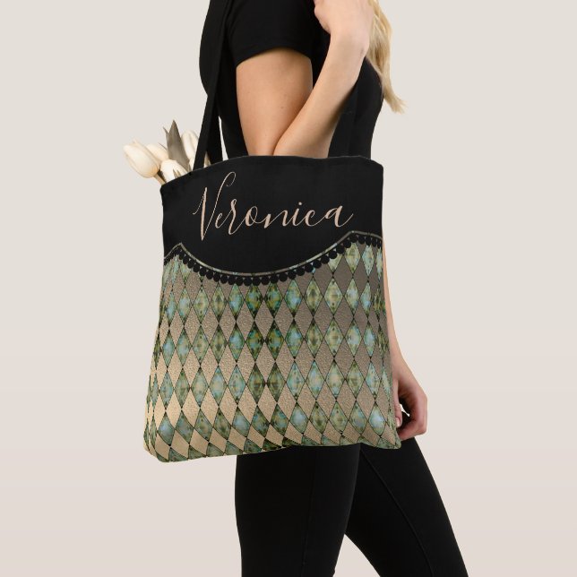 Glam Turquoise Harlequin Personalised Tote Bag (Close Up)