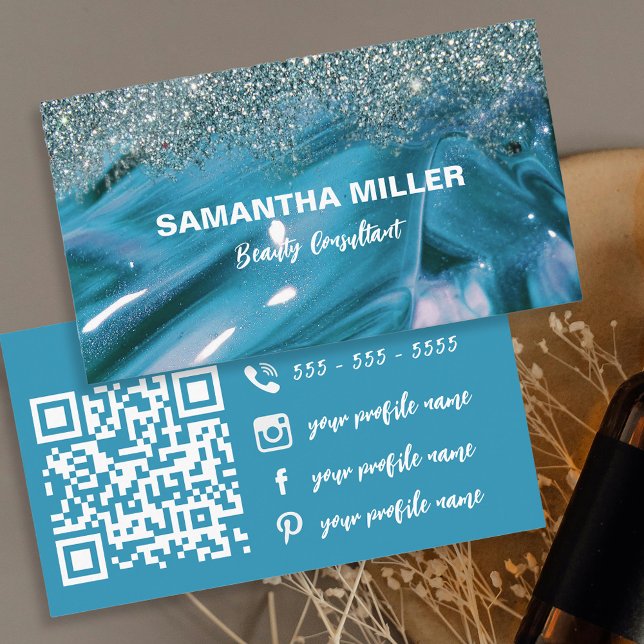 Glam Turquoise Marble Glitter Beauty Consultant Business Card (Creator Uploaded)
