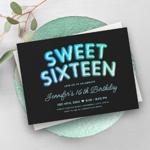 Glam Turquoise Teal Balloons Black Sweet 16 Invitation