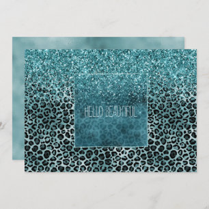 Glam Turquoise Teal Blue Leopard Print Glitter Card