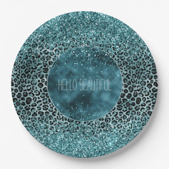 Glam Turquoise Teal Blue Leopard Print Glitter Paper Plate (Front)