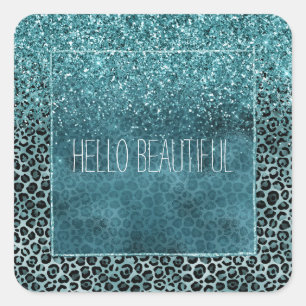 Glam Turquoise Teal Blue Leopard Print Glitter Square Sticker