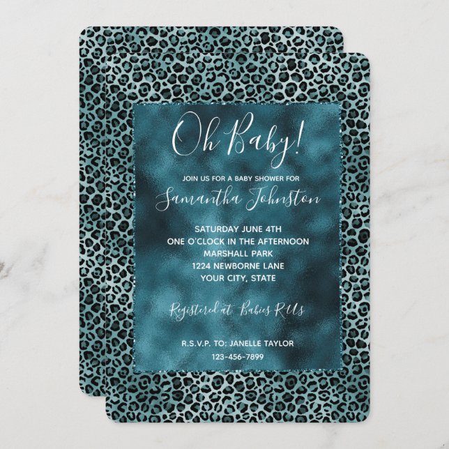 Glam Turquoise Teal Blue Leopard Print Ombre Invitation (Front/Back)