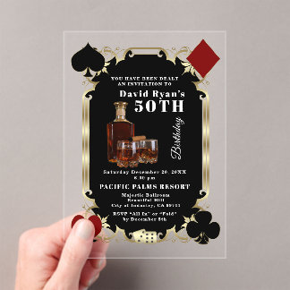 Glam Whiskey And Cigar Casino 50th Birthday Party  Acrylic Invitations