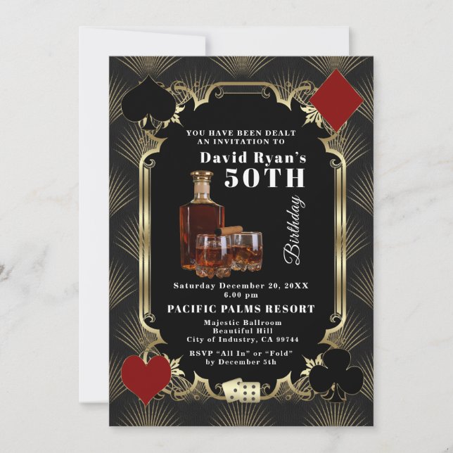 Glam Whiskey And Cigar Casino 50th Birthday Party  Invitation (Front)