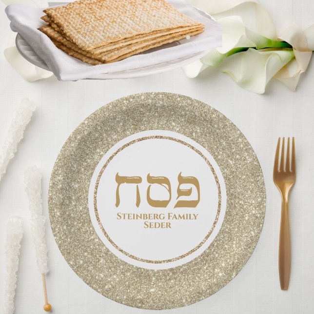 Glam White and Gold Glitter Jewish Passover Paper Plate (Creator Uploaded)